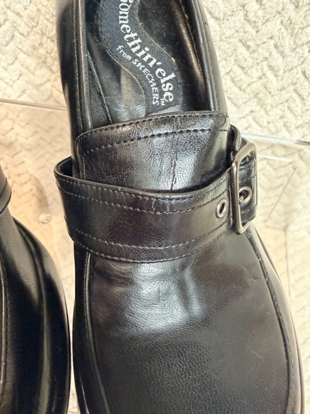 Vtg‎ 90s SKECHERS Womens 6 Chunky Platform Loafers Buckle Black Faux Leather Y2K